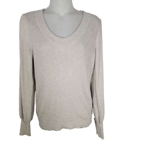Loft Sweater Women’s Small Tan Pullover Knit Ribbed Balloon Sleeves Scoop Neck - Picture 1 of 9